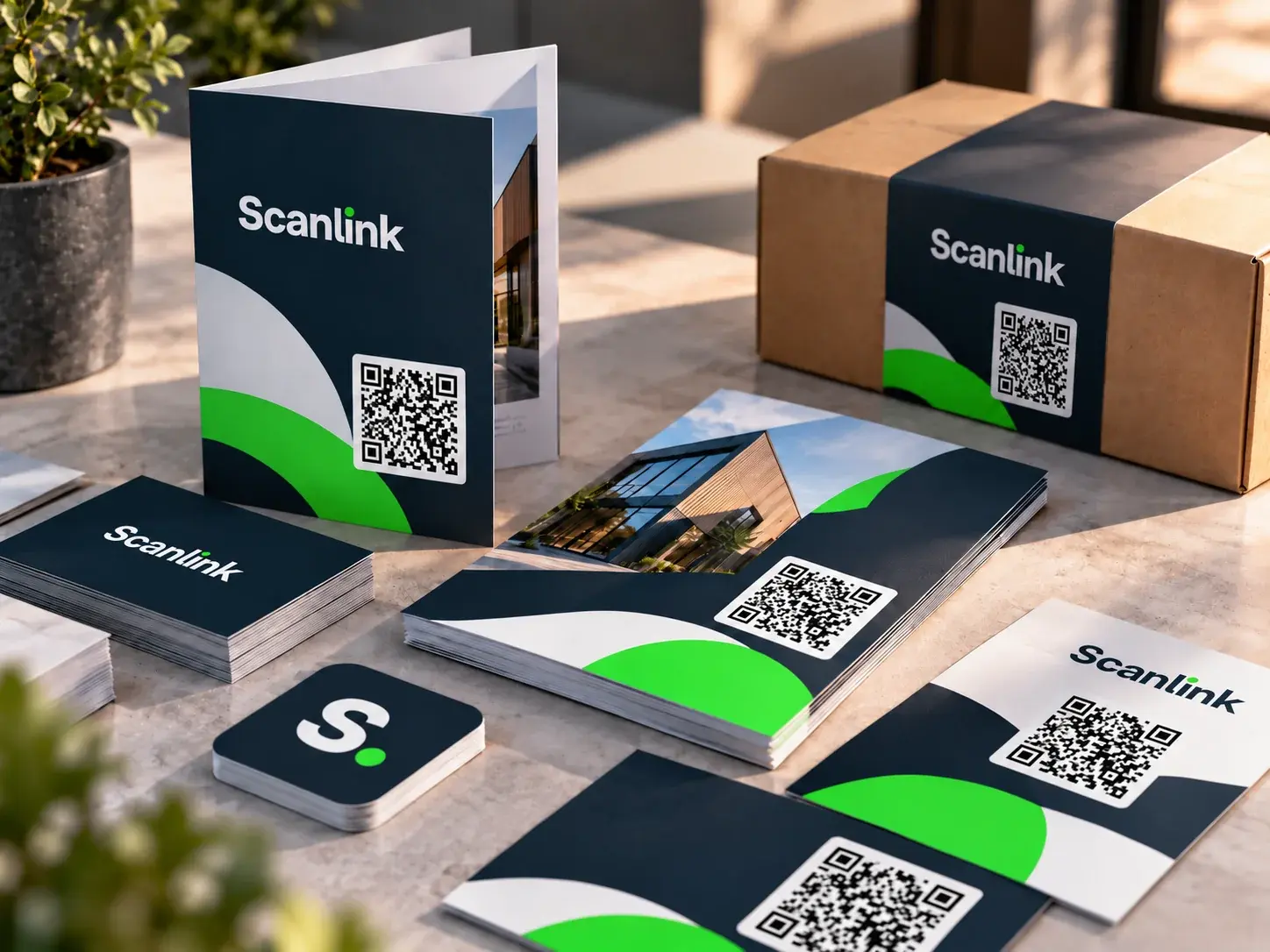 Illustrasjon av Scanlink QR-koder brukt på brosjyrer, kort og trykt materiell.