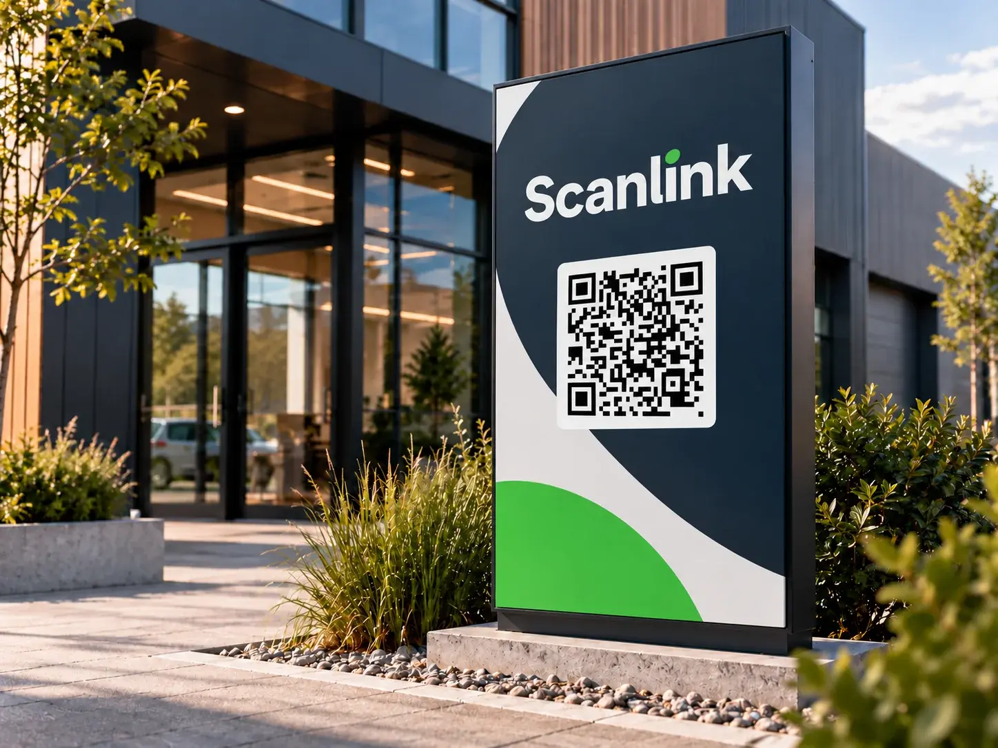 Illustrasjon av Scanlink QR-kode på et profilert skilt ved en bedriftsinngang.